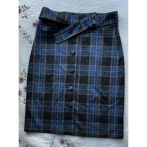 Anthropologie Maeve Plaid Pencil Skirt Button Front Belted Size 12 Nerd Chic